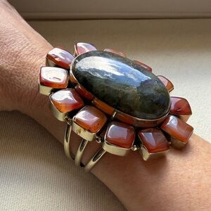 Silver Labradorite and Carnelian colors Statement Cuff Bracelet